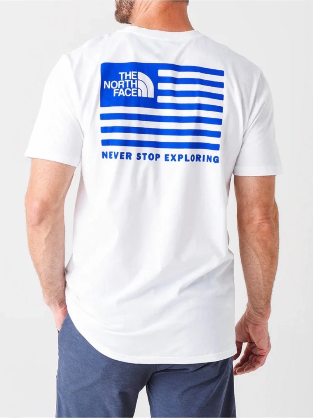 The North Face USA America Flag Box Blue White Tee Shirt-Mens Large